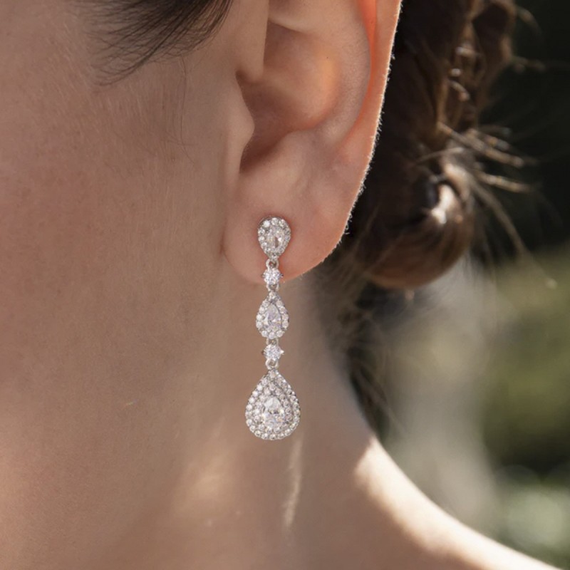 Pendientes largos novia de plata en diferentes tallas con circonitas
