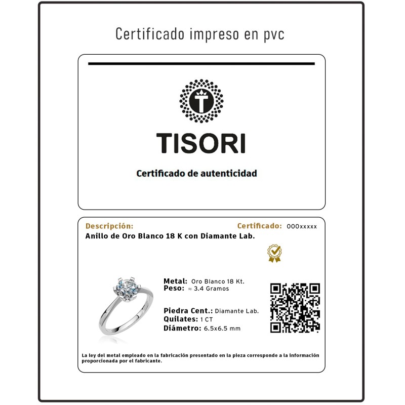 Solitario Oro Blanco 18K Con Diamante Lab 1Ct