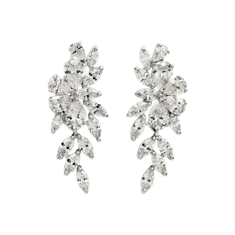 Pendientes largos novia de plata diseño estilo nature con circonitas